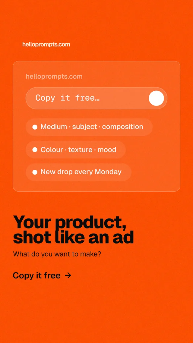 Instagram story for HelloPrompts: "Your product, shot like an ad". Turn card style, bottom layout, light palette in orange.