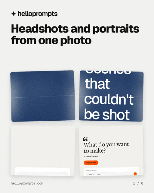 Carousel for HelloPrompts: "Headshots and portraits from one photo". Collection carousel, 8 slides, light palette.