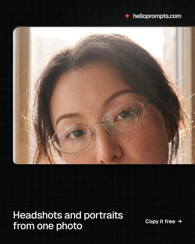 Instagram portrait post for HelloPrompts: "Headshots and portraits from one photo". Phosphor atlas style, image led layout, dark palette in orange, black.