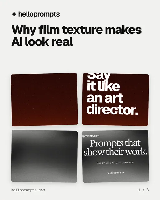Carousel for HelloPrompts: "Why film texture makes AI look real". Collection carousel, 8 slides, light palette.