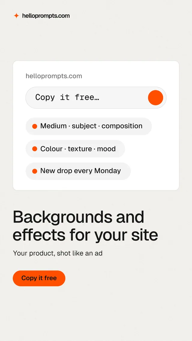 Instagram story for HelloPrompts: "Backgrounds and effects for your site". Data card style, bottom layout, light palette in white, orange.