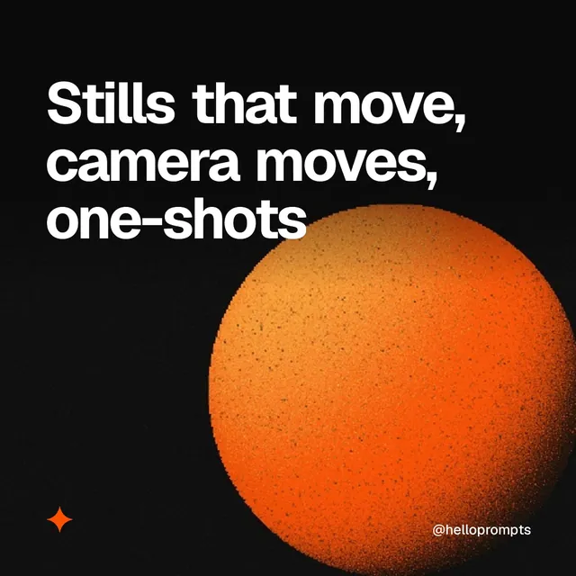 Video for HelloPrompts: "Stills that move, camera moves, one-shots". Shader loop, 6.0 s, dark palette.