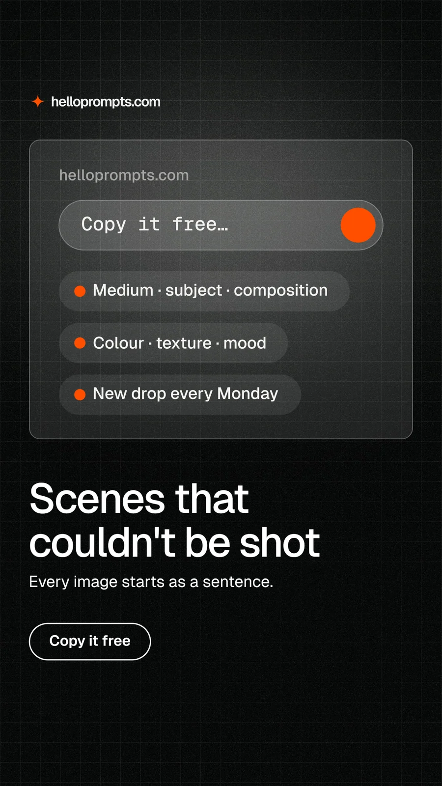 Instagram story for HelloPrompts: "Scenes that couldn't be shot". Phosphor atlas style, bottom layout, dark palette in black, grey.