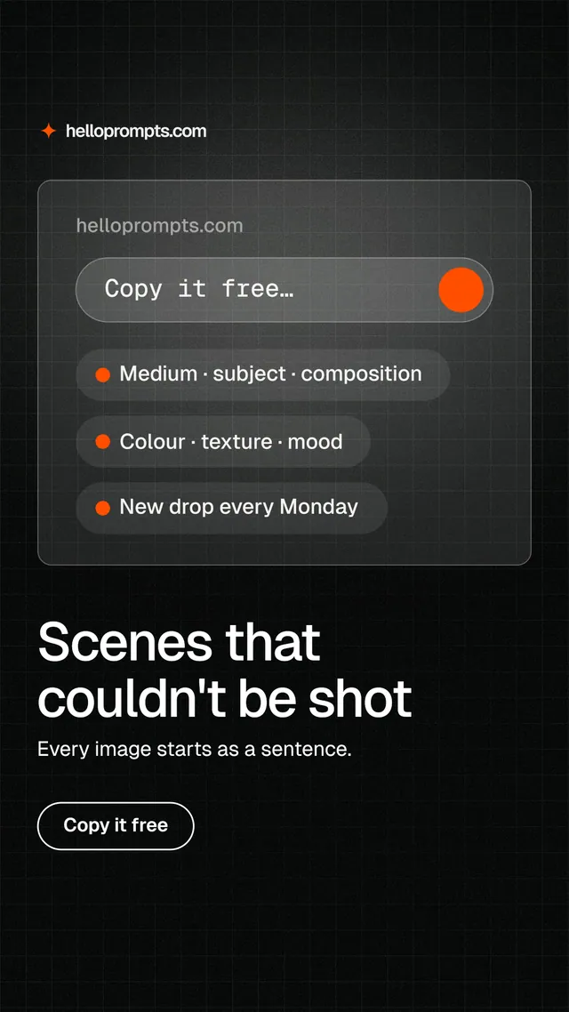 Instagram story for HelloPrompts: "Scenes that couldn't be shot". Phosphor atlas style, bottom layout, dark palette in black, grey.