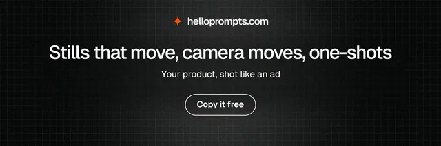 X header for HelloPrompts: "Stills that move, camera moves, one-shots". Phosphor atlas style, centred layout, dark palette in black, grey.