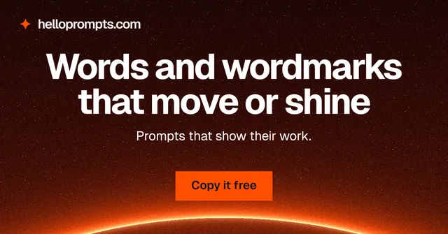 Social ad for HelloPrompts: "Words and wordmarks that move or shine". Swiss style, centred layout, dark palette in black, red, orange.