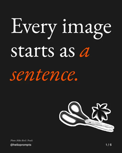 Carousel for HelloPrompts: "Every image starts as a sentence.". Cutout essay, 6 slides, dark palette.