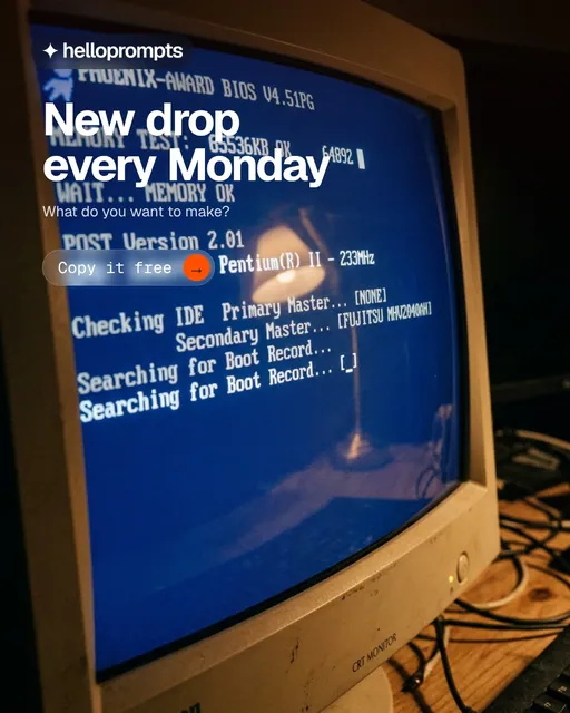 Video for HelloPrompts: "New drop every Monday". Doc motion loop, 7.0 s, dark palette.