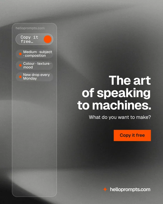 Instagram portrait post for HelloPrompts: "The art of speaking to machines." Swiss style, right layout, dark palette in grey, black.