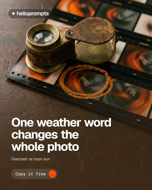 Video for HelloPrompts: "One weather word changes the whole photo". Doc motion loop, 7.0 s, dark palette.
