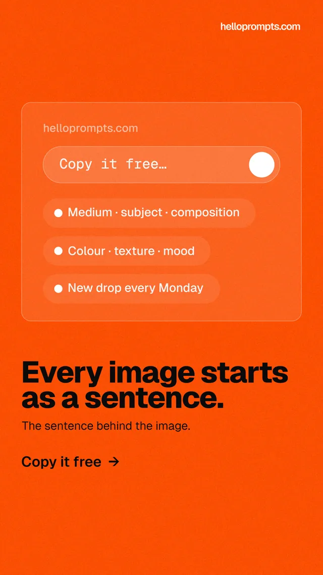 Instagram story for HelloPrompts: "Every image starts as a sentence." Turn card style, bottom layout, light palette in orange.