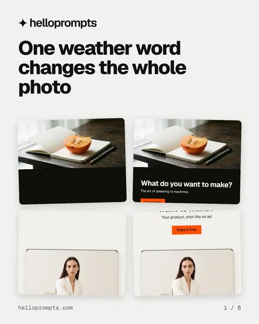 Carousel for HelloPrompts: "One weather word changes the whole photo". Collection carousel, 8 slides, light palette.