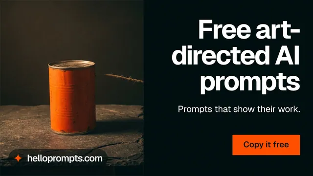 Landscape graphic for HelloPrompts: "Free art-directed AI prompts". Swiss style, right layout, dark palette in black, orange.