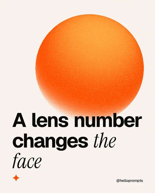 Instagram portrait post for HelloPrompts: "A lens number changes the face". Auto 4x5 style, technique:shader field layout, light palette in white, orange.