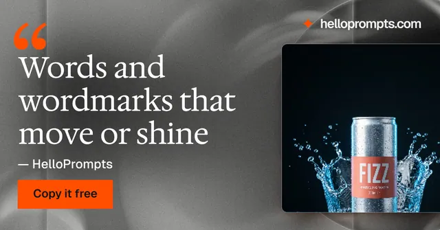 Social ad for HelloPrompts: "Words and wordmarks that move or shine". Swiss style, quote layout, dark palette in grey, black.