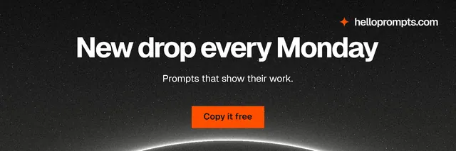 X header for HelloPrompts: "New drop every Monday". Swiss style, centred layout, dark palette in black, grey.