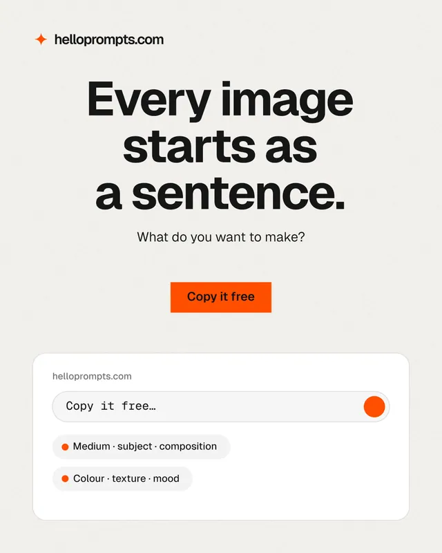 Instagram portrait post for HelloPrompts: "Every image starts as a sentence." Swiss style, centred layout, light palette in white, grey.