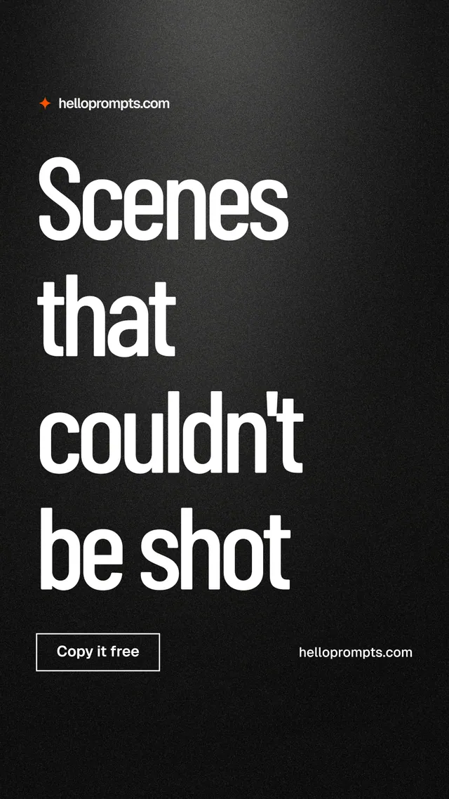 Instagram story for HelloPrompts: "Scenes that couldn't be shot". Dark deco style, poster layout, dark palette in black, grey.