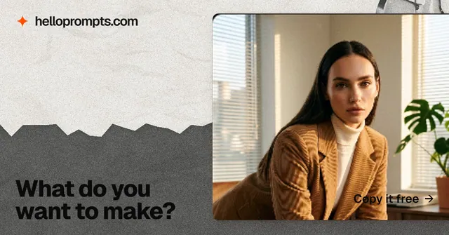 Social ad for HelloPrompts: "What do you want to make?" Paper trio style, image led layout, light palette in grey, white, orange.
