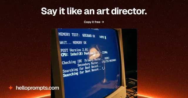 Social ad for HelloPrompts: "Say it like an art director." Swiss style, ogui layout, dark palette in black, blue, red.