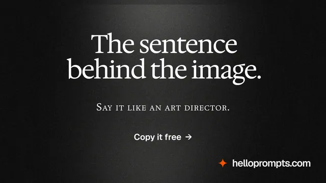 Landscape graphic for HelloPrompts: "The sentence behind the image." Dark deco style, smallcaps layout, dark palette in black, grey.