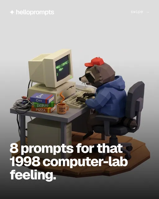 Carousel for HelloPrompts: "8 prompts for that 1998 computer-lab feeling.". Prompt listicle carousel, 10 slides, light palette.