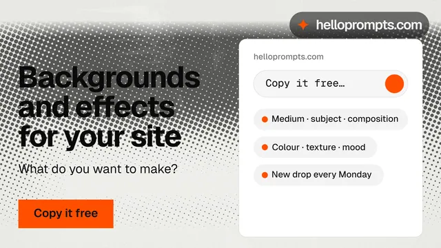 Landscape graphic for HelloPrompts: "Backgrounds and effects for your site". Swiss style, bottom layout, light palette in white, grey.