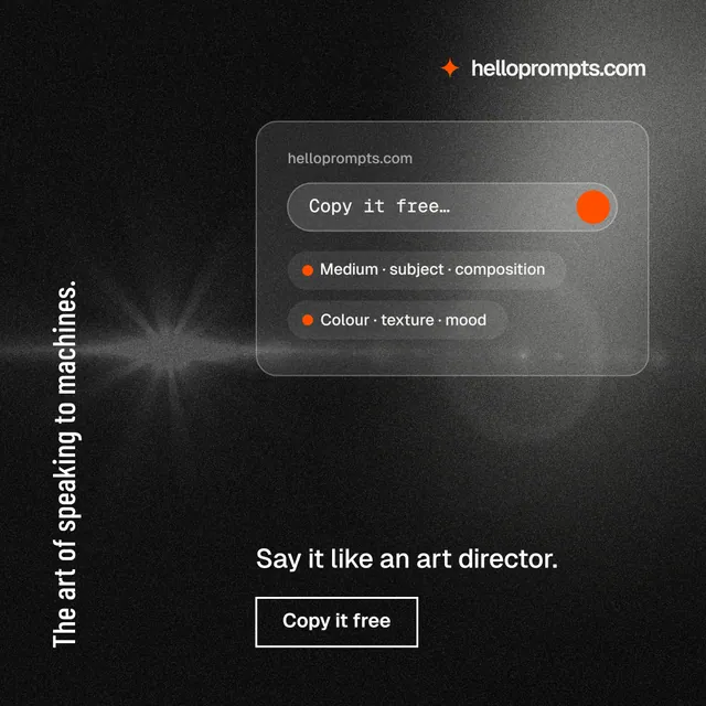 Instagram post for HelloPrompts: "The art of speaking to machines." Dark deco style, vertical layout, dark palette in grey, black.