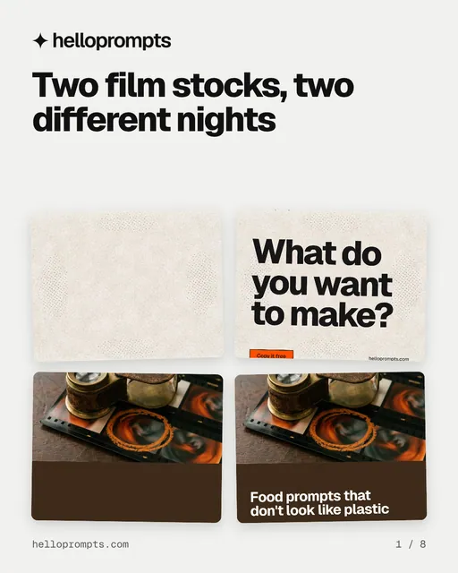 Carousel for HelloPrompts: "Two film stocks, two different nights". Collection carousel, 8 slides, light palette.