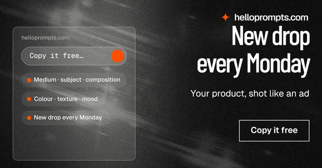Social ad for HelloPrompts: "New drop every Monday". Dark deco style, right layout, dark palette in black, grey.