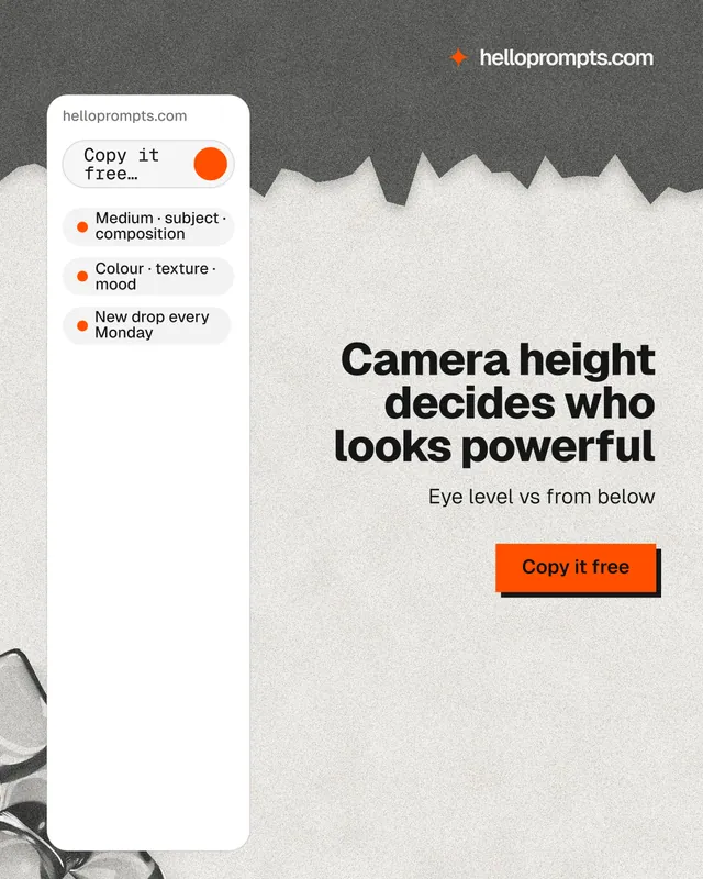 Instagram portrait post for HelloPrompts: "Camera height decides who looks powerful". Paper trio style, right layout, light palette in white, grey.