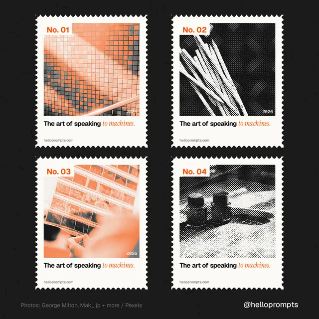 Instagram post for HelloPrompts: "The art of speaking to machines." Sheet style, technique:stamp series layout, light palette in black, orange.