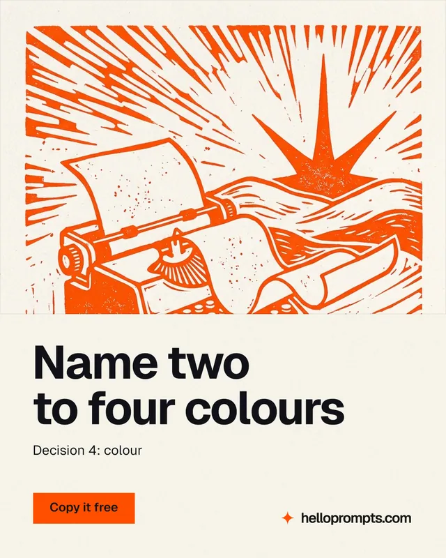 Instagram portrait post for HelloPrompts: "Name two to four colours". Swiss style, bottom layout, light palette in white, orange.