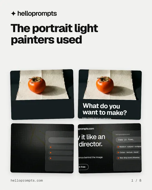 Carousel for HelloPrompts: "The portrait light painters used". Collection carousel, 8 slides, light palette.