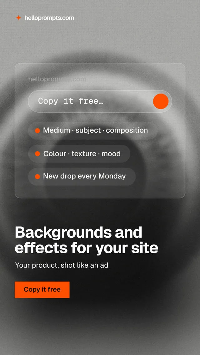 Instagram story for HelloPrompts: "Backgrounds and effects for your site". Swiss style, bottom layout, dark palette in grey, black.