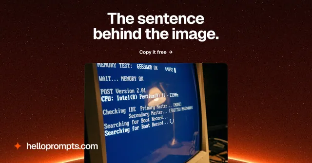 Social ad for HelloPrompts: "The sentence behind the image." Swiss style, ogui layout, dark palette in black, grey, red.
