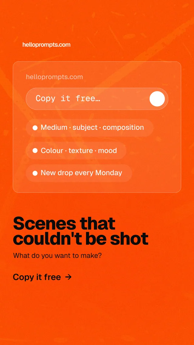 Instagram story for HelloPrompts: "Scenes that couldn't be shot". Turn card style, bottom layout, light palette in orange.
