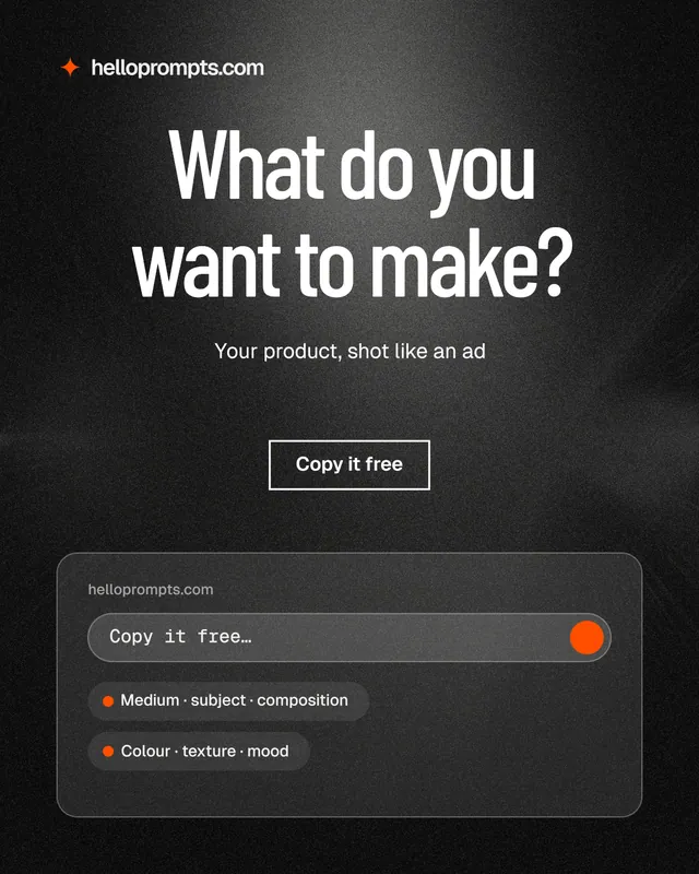 Instagram portrait post for HelloPrompts: "What do you want to make?" Dark deco style, centred layout, dark palette in black, grey.