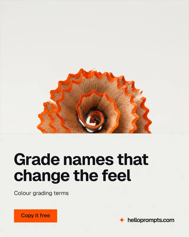Instagram portrait post for HelloPrompts: "Grade names that change the feel". Swiss style, bottom layout, light palette in white, brown.