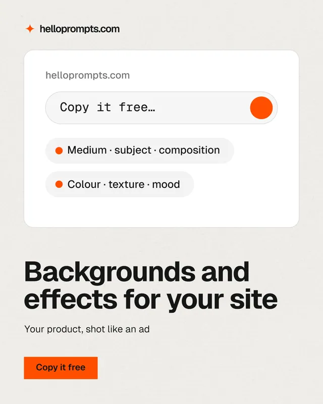 Instagram portrait post for HelloPrompts: "Backgrounds and effects for your site". Swiss style, bottom layout, light palette in white, grey.
