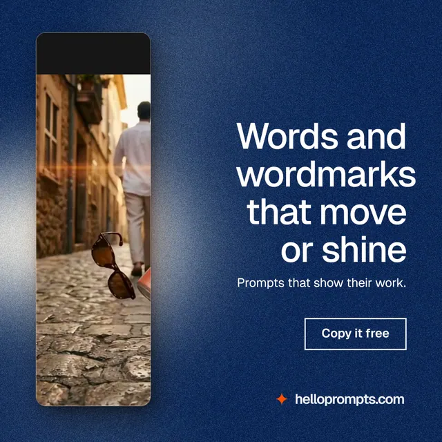 Instagram post for HelloPrompts: "Words and wordmarks that move or shine". Cyanotype style, right layout, dark palette in blue, grey.
