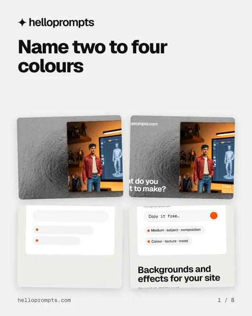 Carousel for HelloPrompts: "Name two to four colours". Collection carousel, 8 slides, light palette.