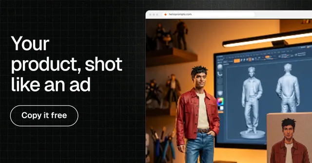 Social ad for HelloPrompts: "Your product, shot like an ad". Phosphor atlas style, browser layout, dark palette in grey, black, orange.