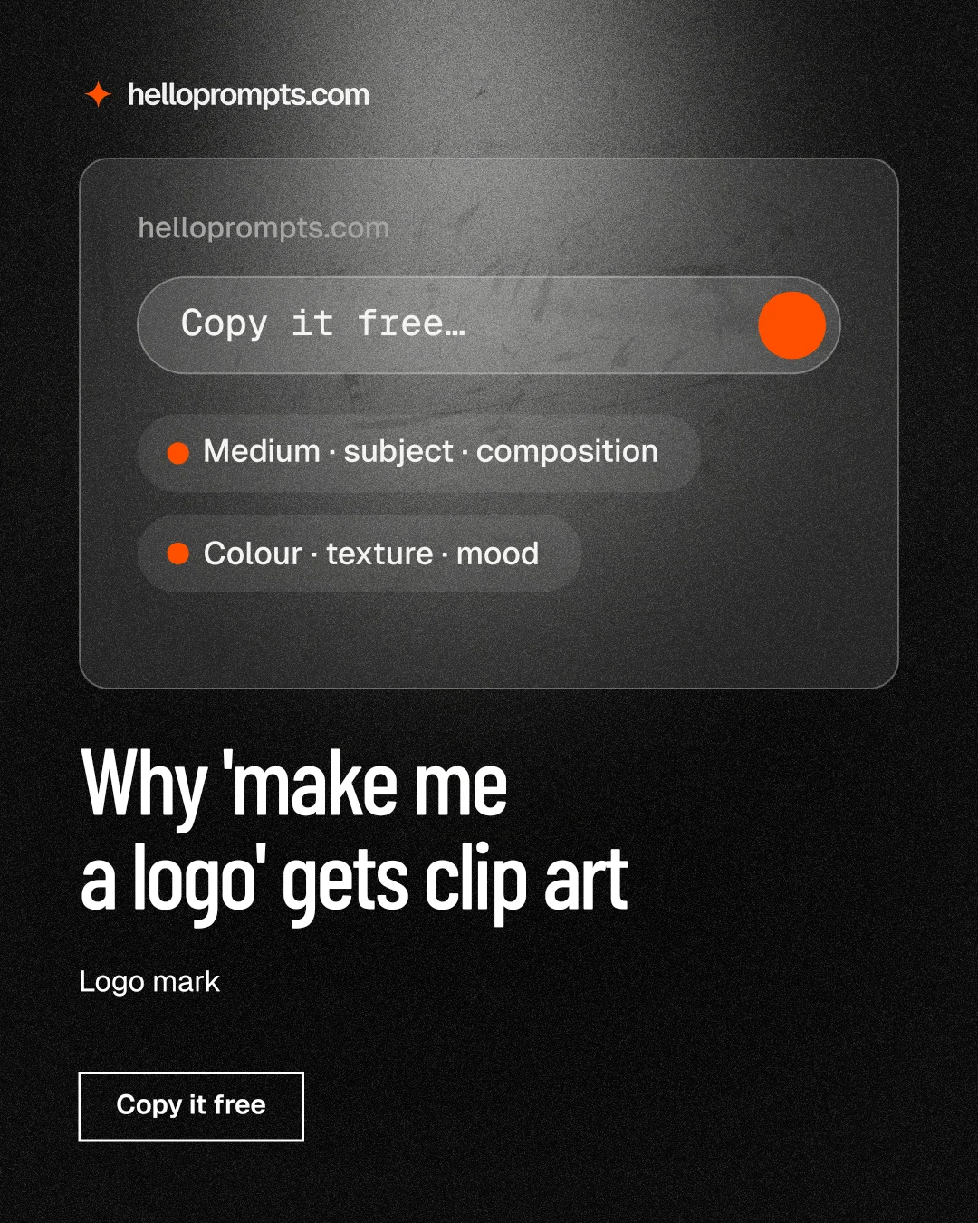 Instagram portrait post for HelloPrompts: "Why 'make me a logo' gets clip art". Dark deco style, bottom layout, dark palette in black, grey.