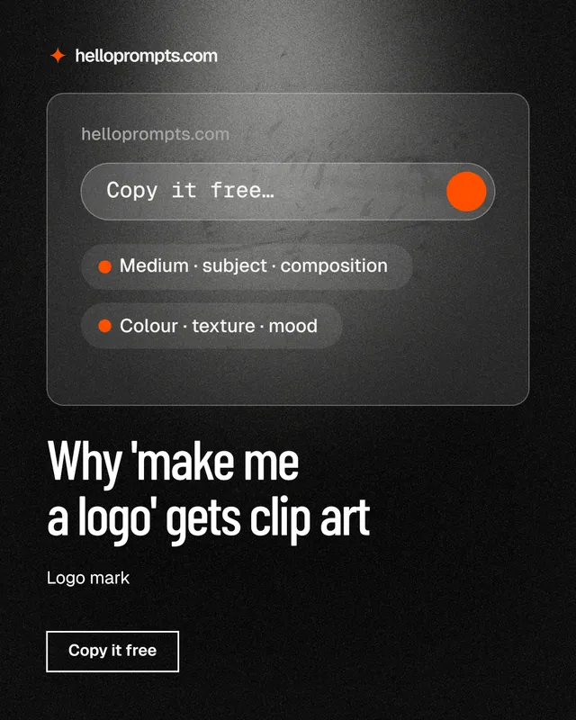 Instagram portrait post for HelloPrompts: "Why 'make me a logo' gets clip art". Dark deco style, bottom layout, dark palette in black, grey.