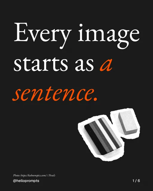Carousel for HelloPrompts: "Every image starts as a sentence.". Cutout essay, 6 slides, dark palette.