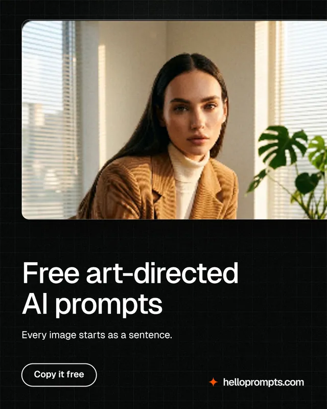 Instagram portrait post for HelloPrompts: "Free art-directed AI prompts". Phosphor atlas style, bottom layout, dark palette in yellow, black, orange.