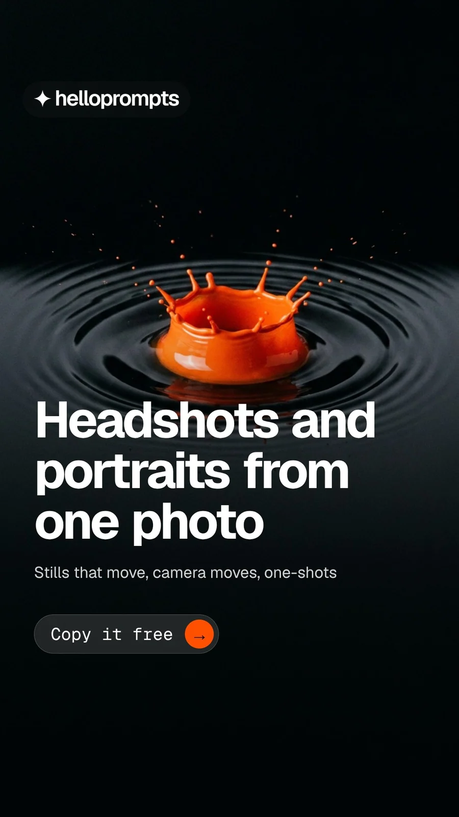 Video for HelloPrompts: "Headshots and portraits from one photo". Doc motion loop, 7.0 s, dark palette.