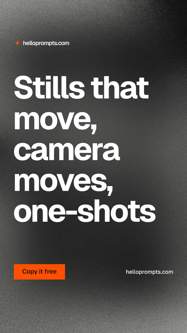 Instagram story for HelloPrompts: "Stills that move, camera moves, one-shots". Swiss style, poster layout, dark palette in black, grey.