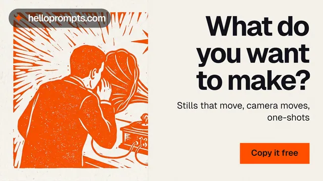 Landscape graphic for HelloPrompts: "What do you want to make?" Swiss style, right layout, light palette in orange, white.